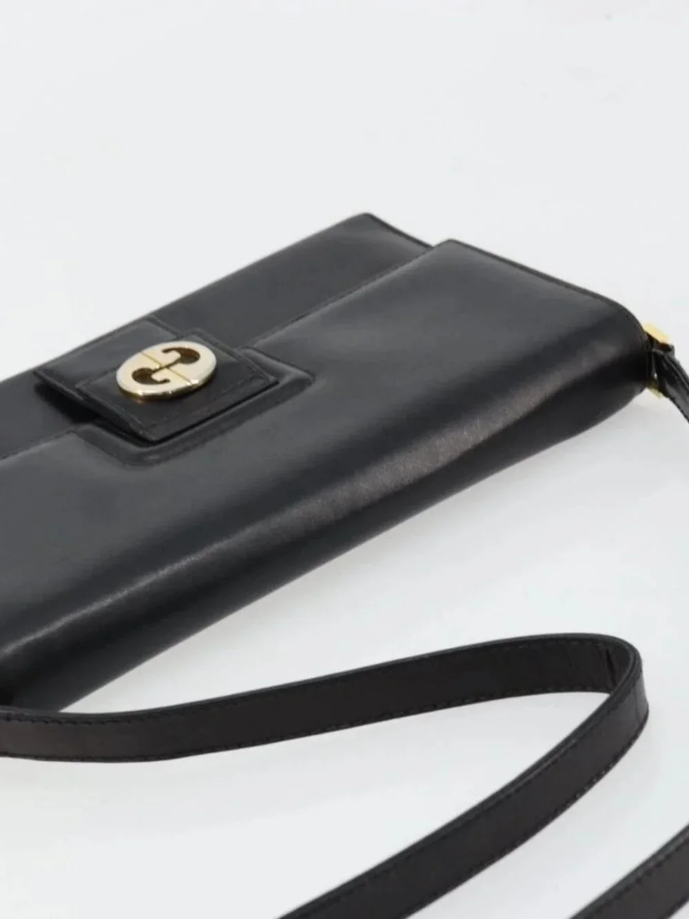 GUCCI Shoulder Bag Leather Black Gold Auth